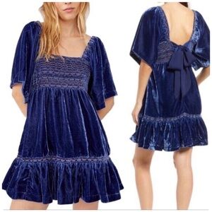 Free People Easy To Love Mini Dress Blue Velvet Embroidered Smocked Holiday NWT